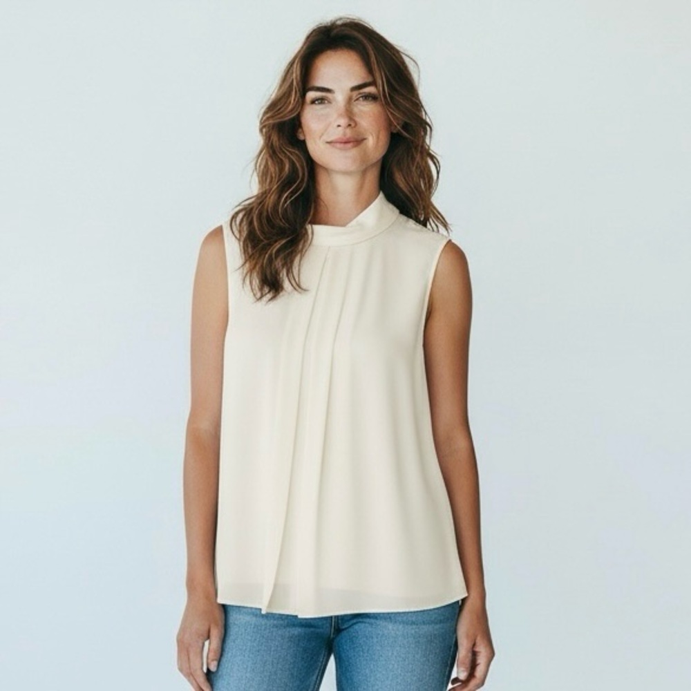 St. John Silk Ivory Sleeveless Blouse with Tie Behind Neck